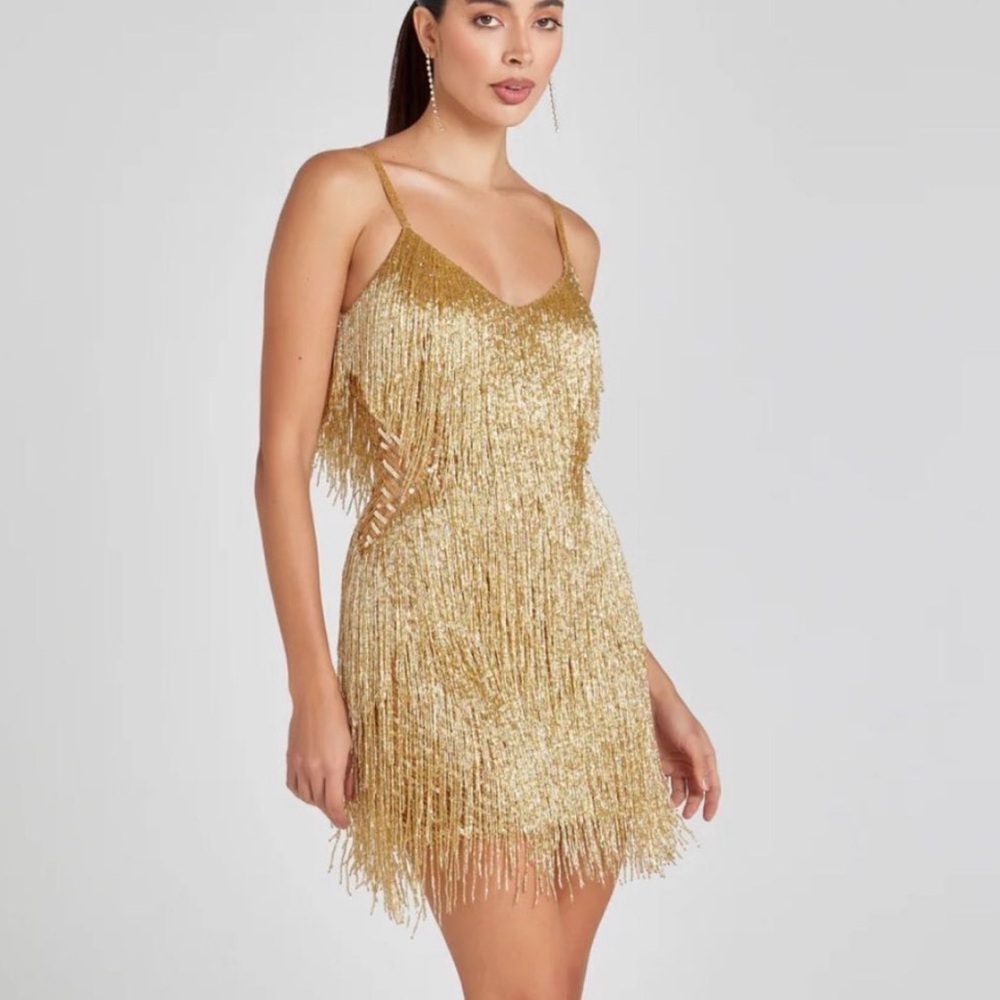 Nadine Merabi Womens Mini Dress Gold Size S/4 Tammy V-Neck Embellished Fringe